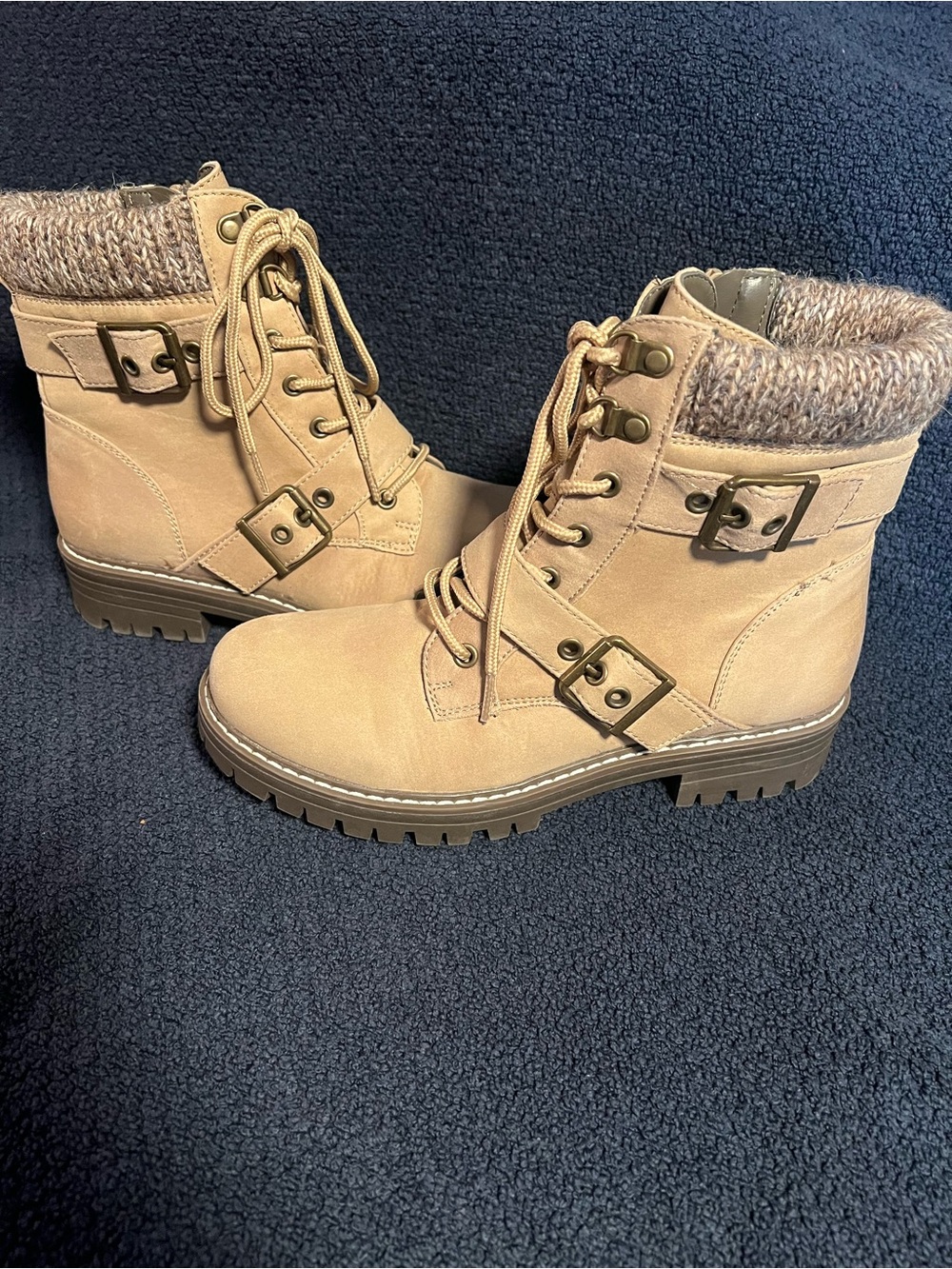 Women's Tan Knit-Cuff Lace-Up Combat Boots with Buckle Detail